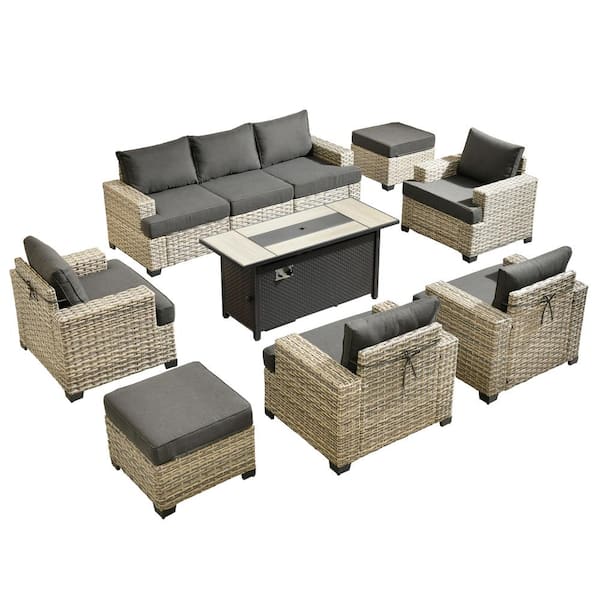 Kelleys 10-Piece Wicker Modern Outdoor Patio Conversation Sofa Seating Set with a Metal Fire Pit and Black Cushions