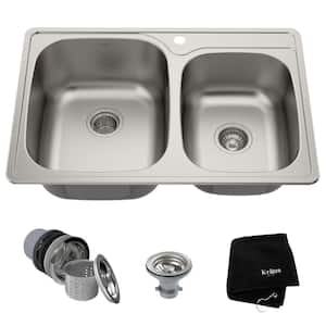Premier Kitchen 33 in. Drop-In 60/40 Double Bowl 18 Gauge Satin Stainless Steel Kitchen Sink with Accessories