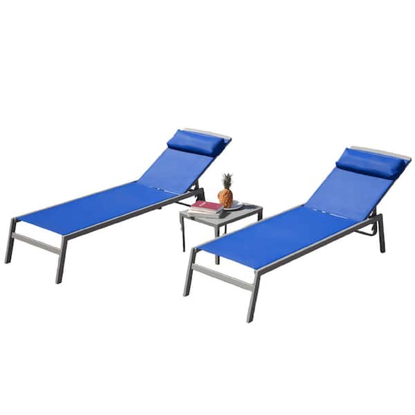 3-Piece Metal Outdoor Chaise Lounge, Blue Adjustable Recliner Chairs with Gray Coffee Table