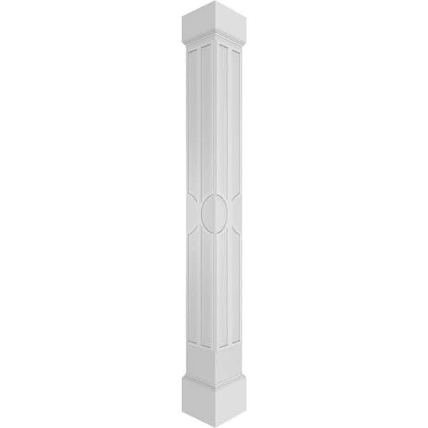 Ekena Millwork 9-5/8 in. x 10 ft. Premium Square Non-Tapered Nouveau Fretwork PVC Column Wrap Kit w/Mission Capital and Base