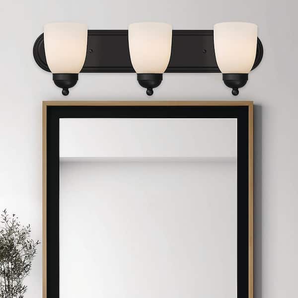 Reed 24 in. 3-Light Black Bathroom Vanity Light Fixture with Frosted Glass Shades