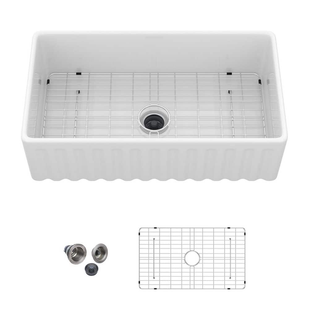 33 in. Apron-Front Single Bowl White Porcelain Ceramic Kitchen Farmhouse Sink with Stainless Steel Drain Grid and price history on PriceWatchPro