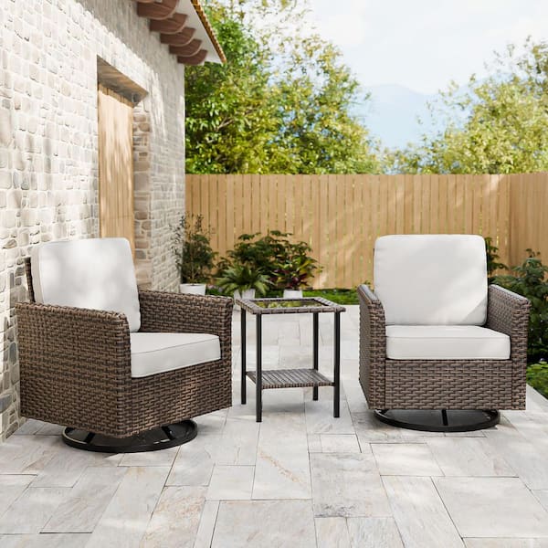 Brown 3-Piece Outdoor Rattan Wicker Outdoor Bistro Set with Beige Cushions, Swivel Rocking Chair with Side table