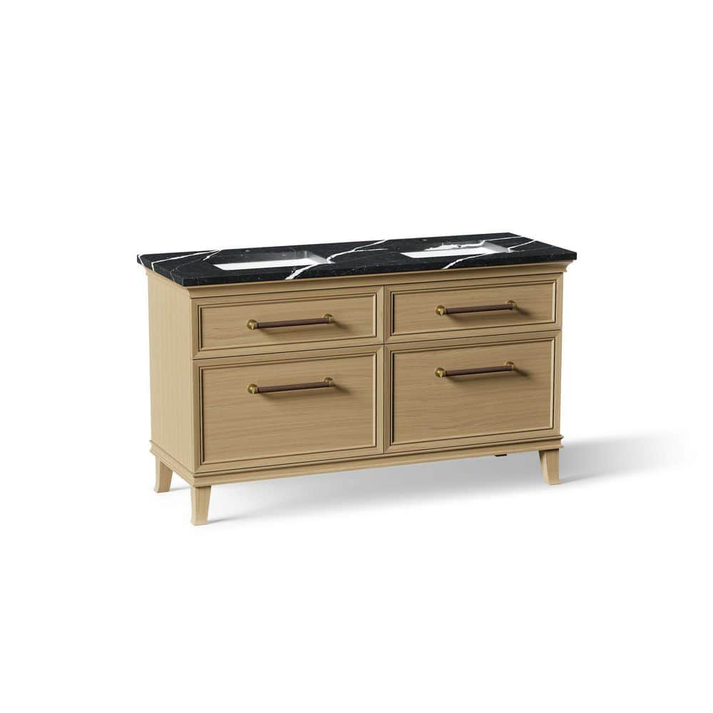 Artifacts 60 in. 2 Basin Freestanding Light Oak Bath Vanity with Black Eternal Marquina Quartz Top and Brass Hardware