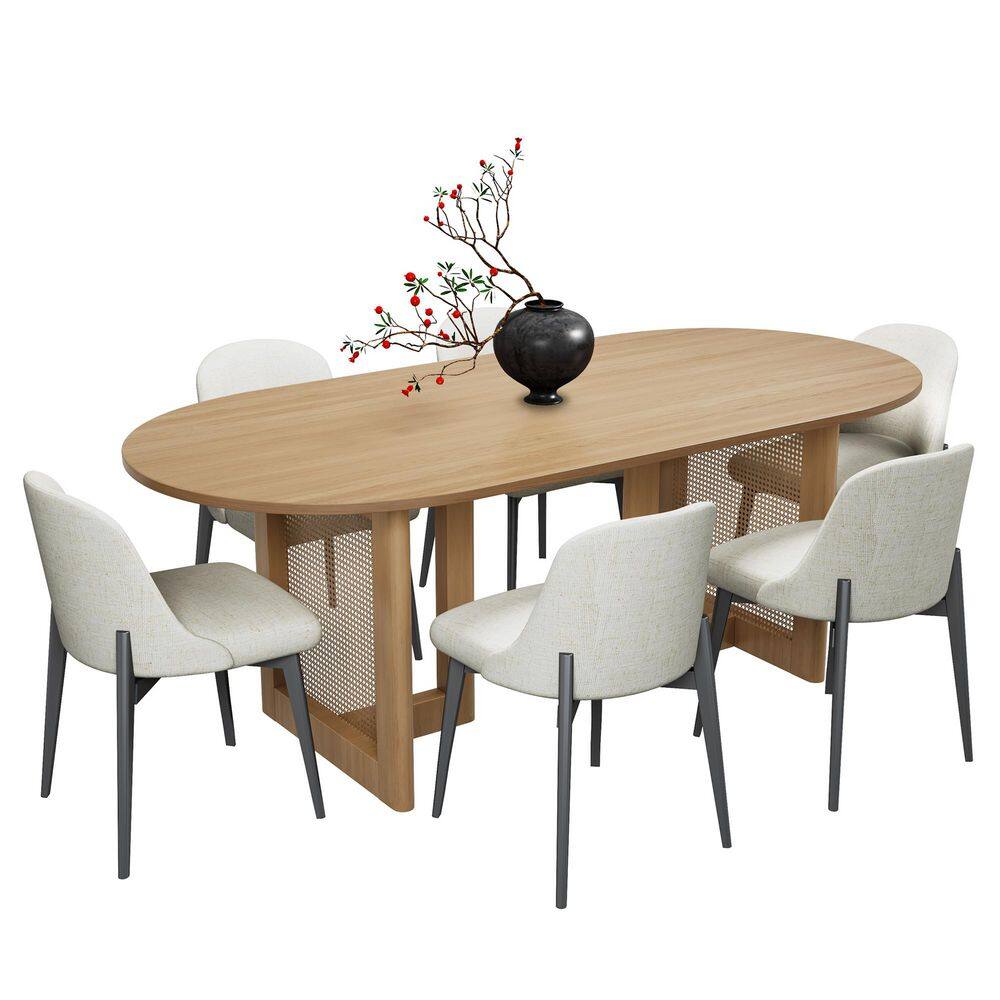 7-Pieces Natural Oval Wood Top Rattan Base Dining Table Set 6 Seats with Wood Frame, Upholstered Ergonomic Dining Chair price history on PriceWatchPro