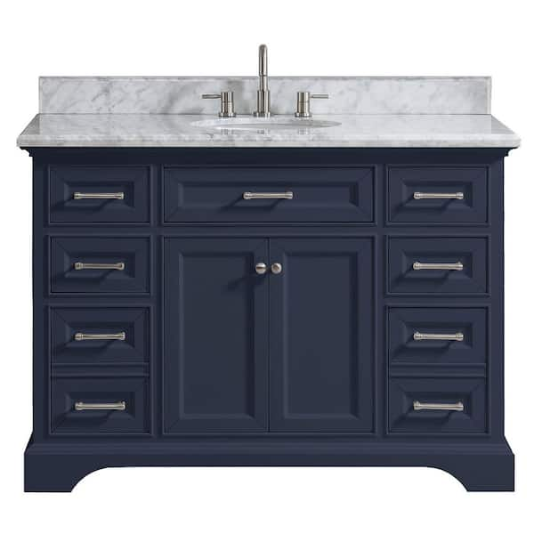 Photo 1 of **USED** Windlowe 49 in. W x 22 in. D x 35 in. H Bath Vanity in Navy Blue with Carrara Marble Vanity Top in White with White Sink