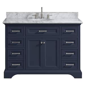 Windlowe 49 in. W x 22 in. D x 35 in. H Freestanding Bath Vanity in Navy Blue with Carrara White Marble Top