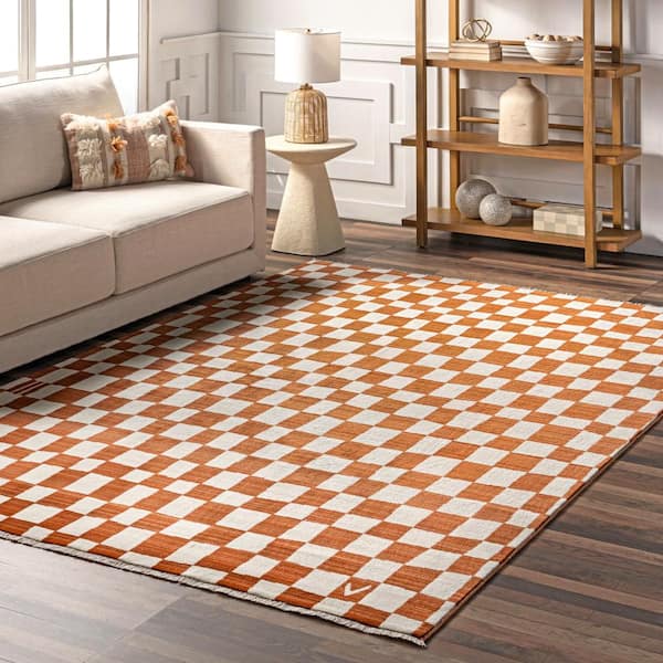 Dominique Abstract Checkered Fringe Orange 6 ft. 7 in. x 10 ft. 2 in. Area Rug