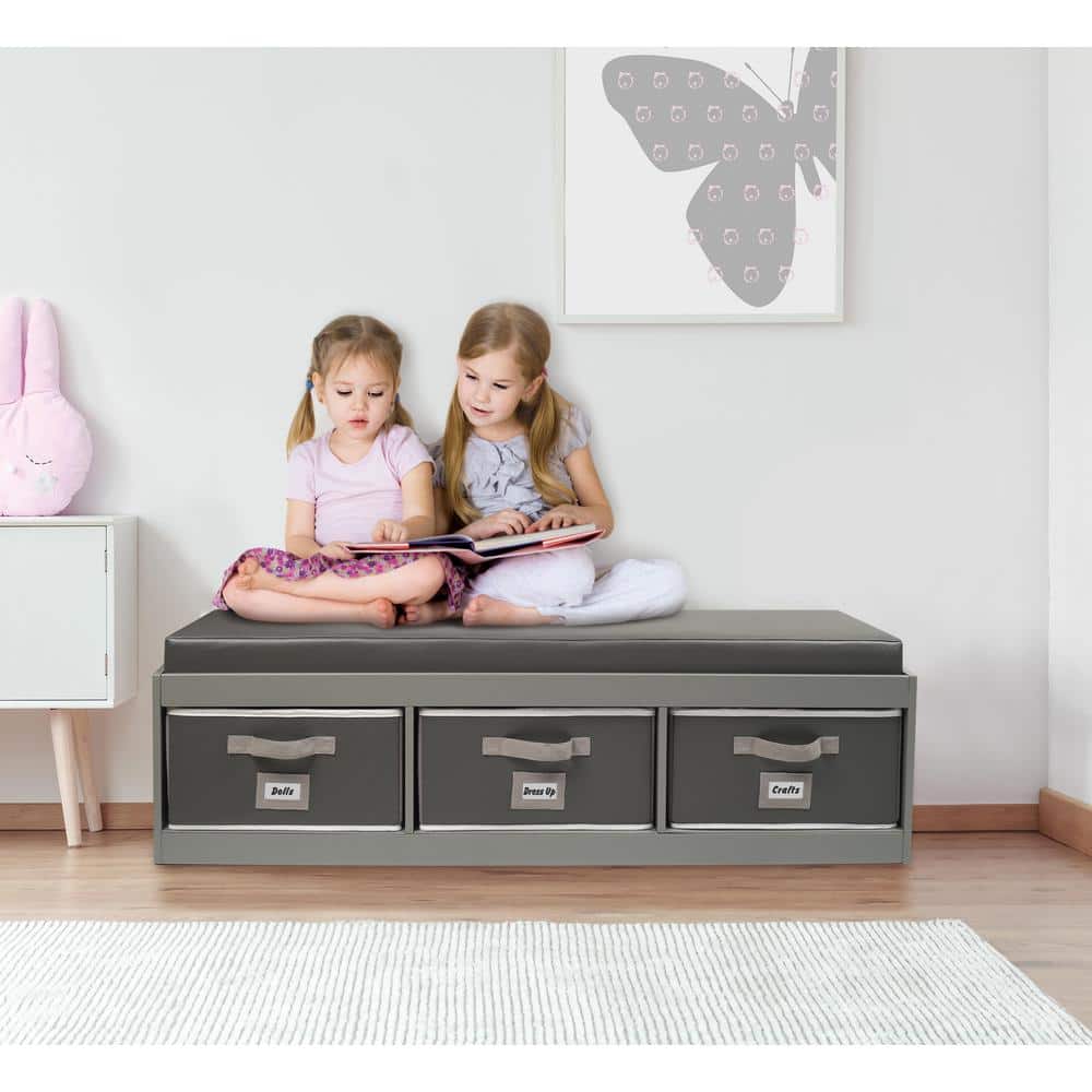 Gray Kid's Storage Bench with Cushion and Fabric Bins