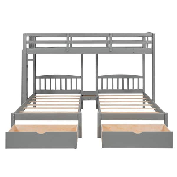 STICKON Gray Twin Over Twin and Twin Bunk Bed with 2-Drawers