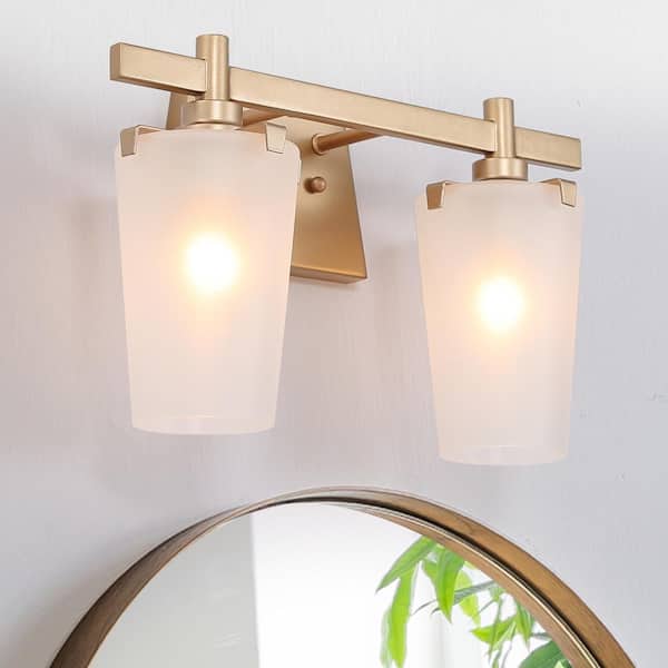 Uolfin 2-Light Modern Gold Linear Bathroom Wall Sconce with Frosted Glass Shades