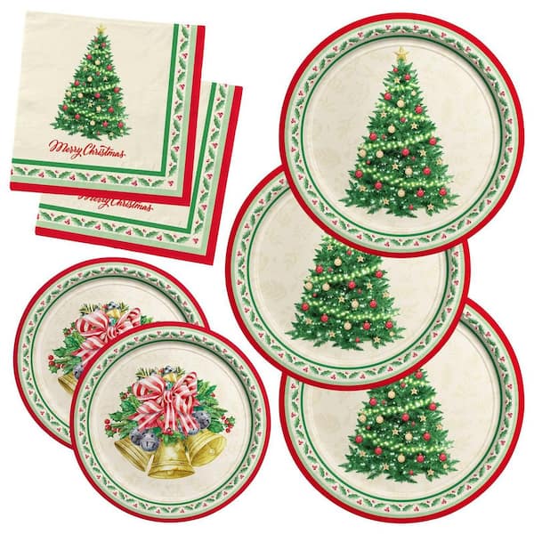 150-Piece Christmas Tree Paper Tableware Set, Plates Napkins, Great for Christmas Party Decorations (Service for 50)