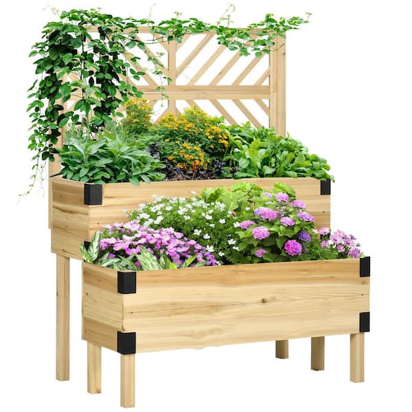Natural Wood 2 Tier Wood Elevated Planter Box with Trellis and Legs (41.25 in. L x 25.5 in. W x 55 in. H)