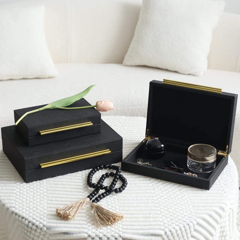 Black Faux Leather Rectangular Decorative Storage Boxes with Gold Handles, Set of 3
