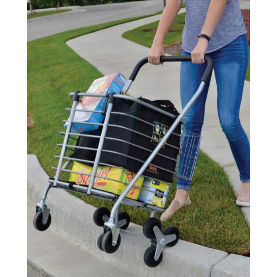 Silver 3-Wheel Steel Collapsible Shopping Cart with Accessory Basket
