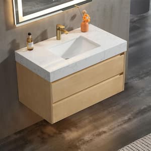 36 in. W x 20.7 in. D x 21.3 in. H Floating Bathroom Vanity in Natural wood solid/White Marble Countertop and Lights