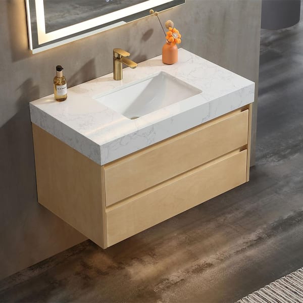 Lonni 36 in. W x 20.7 in. D x 21.3 in. H Floating Bathroom Vanity in Natural wood solid/White Marble Countertop and Lights