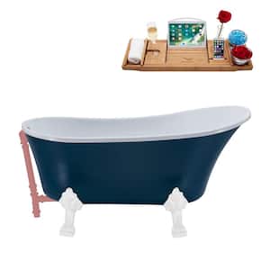 55 in. x 26.8 in. Acrylic Clawfoot Soaking Bathtub in Matte Light Blue with Glossy White Clawfeet and Matte Pink Drain
