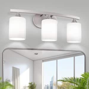 22 in. 3 Light Nickel Modern Cylinder Vanity Light for Bathroom, Bedroom with Curved Arms and Milk White Glass Shades