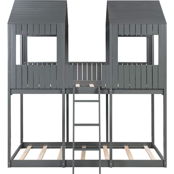GHOUSE Gray Full Wood Bunk Bed with Roof, Window and Ladder