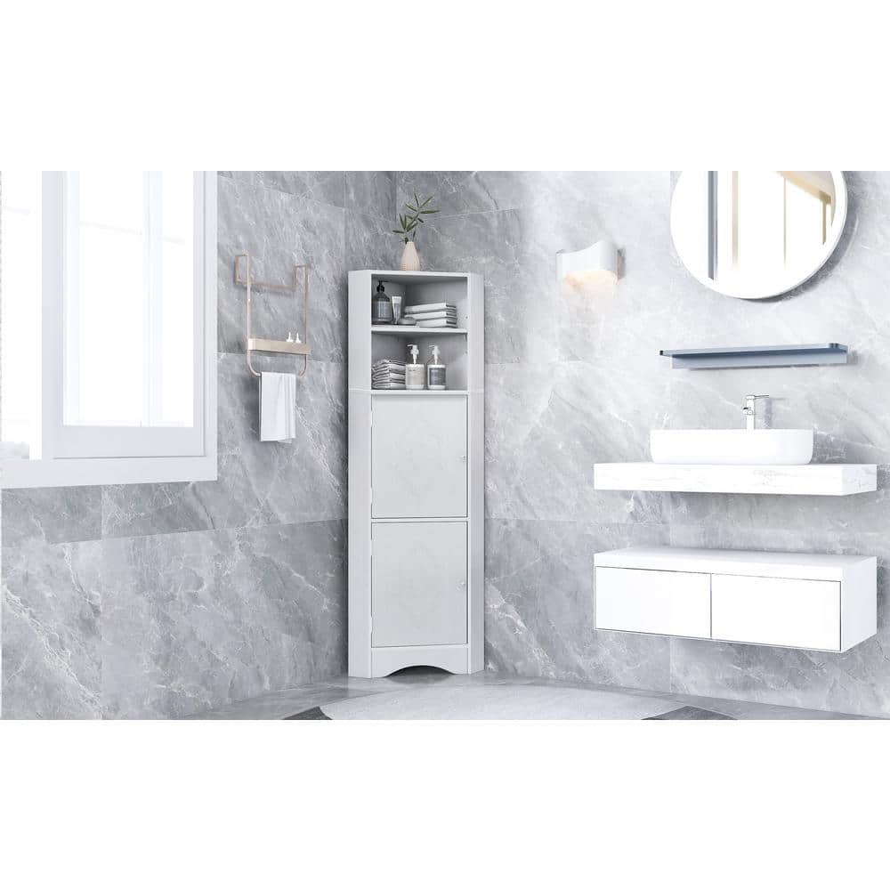 15 in. W x 15 in. D x 61 in. H White Wood Linen Cabinet with Adjustable She