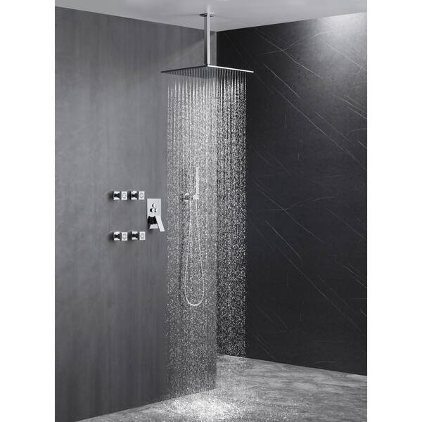 Single Handle 3-Spray Shower Faucet 1.8 GPM 10 in. Square Ceiling Mounted with Pressure Balance in. Chrome with 4-Jet