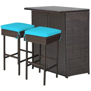 3-Pieces Rattan Patio Bar Table and Stool Set Dining Set with Turquoise Cushion