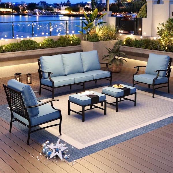 PHI VILLA Black 5-Piece Meshed 7-Seat Metal Outdoor Patio Conversation Set with Blue Cushions and 2 Ottomans