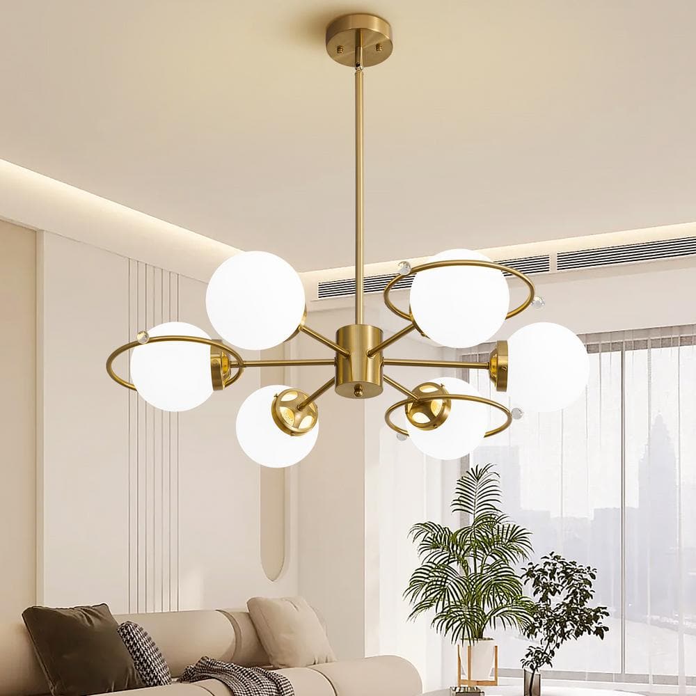 Gold Brass 6-Light Sputnik Chandelier with Milk Glass Shades