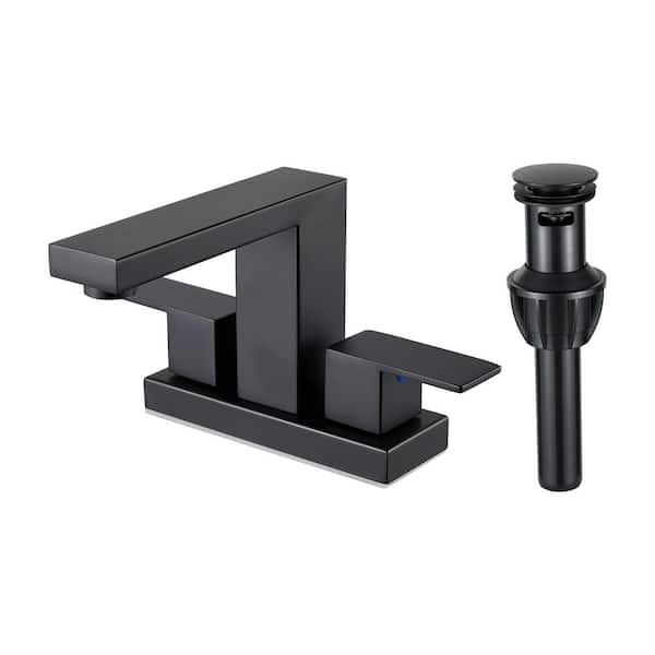 304-Stainless Steel 4 in. Centerset Double Handle Bathroom Faucet with Drain Kit Included in Matte Black