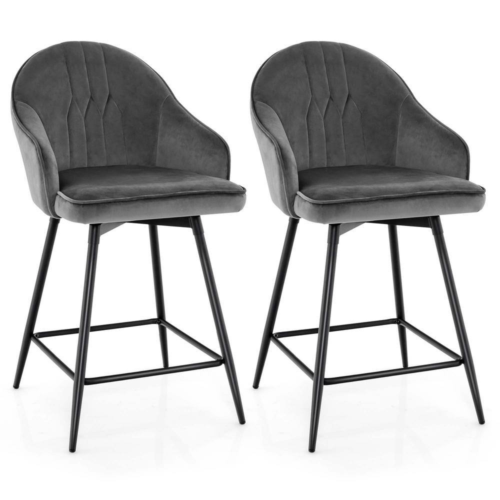 Costway Gray Velvet Bar Stools Swivel Counter Height Dining Chair with
