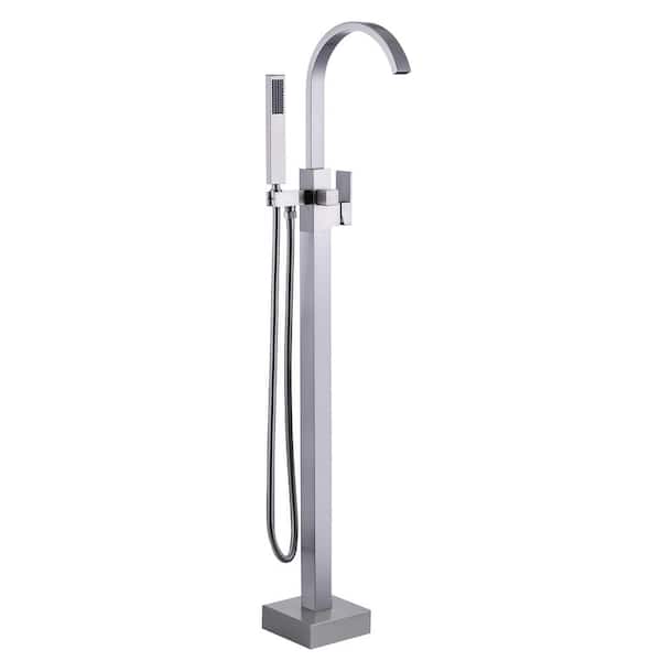WOWOW Waterfall Single-Handle Freestanding Tub Faucet with Handshower, Floor Mounted Tub Filler Faucet in. Brushed Nickel