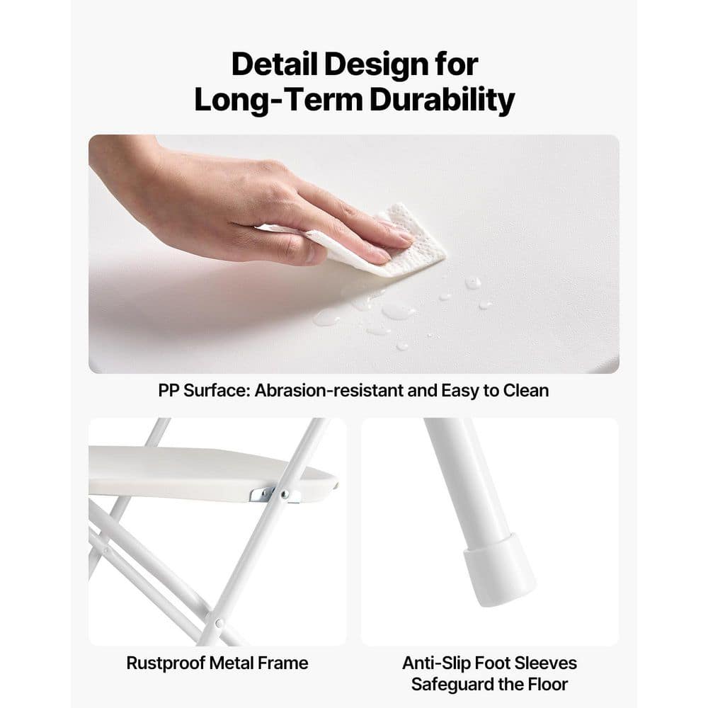 Close-up details of the white foldable chair's surface, frame, and feet.
