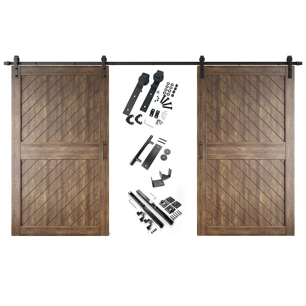 HOMACER XT1 50 in. x 84 in. C-Panel Dark Walnut Slanted Stripe Design Double Pine Wood Sliding Barn Door with Hardware Kit