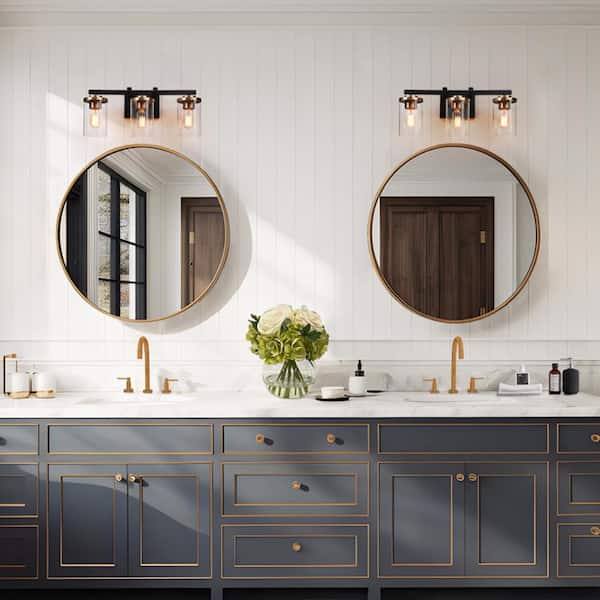 20 in. Modern 3-Light Black Vanity Light, Industrial Bathroom Wall Light with Cylinder Clear Glass, Brass DIY Bath Light