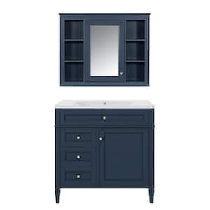 36 in Blue Modern Bath Vanity Storage Set with Single Top Sink, 2 Soft Closing Doors&Mirror Cabinet, Resin Top Material