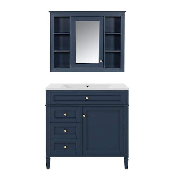 36 in.Blue Bath Vanity Storage Set Single Top Sink,2 Soft Close Doors&Mirror Cabinet,Resin Top Material&White Top Color