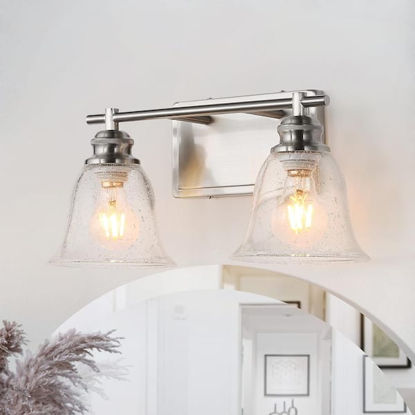 pasentel Modern 16 in. 2-Light Brushed Nickel Vanity Light with Seeded Glass Shade