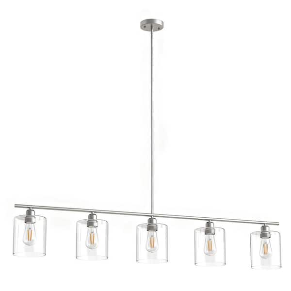 Modern 5-Light Brushed Nickel Linear Chandelier, Clear Glass Pendant Light for Kitchen Island & Dining Room Decor