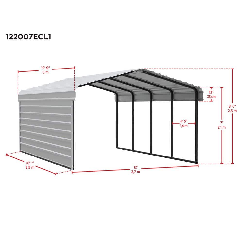 Charcoal 12' x 20' Steel Carport Kit with Side Wall