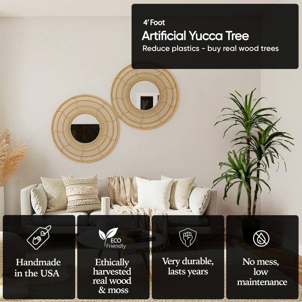 Handmade 4' Green Artificial Yucca Tree in Black Plastic Pot