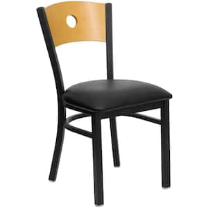 Hercules Series Black Circle Back Metal Restaurant Chair with Natural Wood Back, Black Vinyl Seat