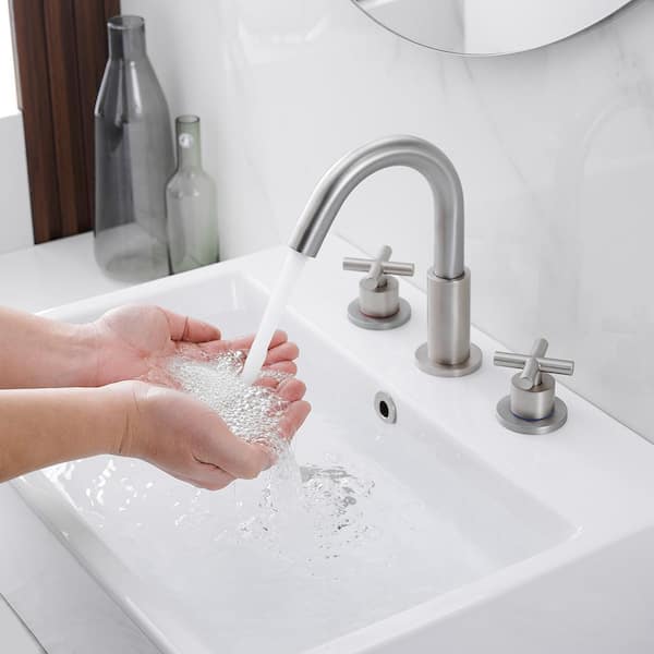 8 in. Widespread Double Handle Bathroom Faucet with Drain Kit, Deck Mount Arc 3 Hole Bathroom Faucet in Brushed Nickel