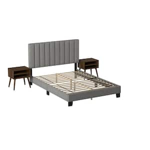 Colbie Gray Wood Frame King Platform Bed with Two End Table