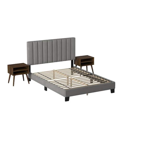 Picket House Furnishings Colbie Gray Wood Frame King Platform Bed with Two End Table
