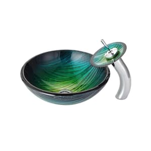 Nei Glass Vessel Sink in Green with Waterfall Faucet in Chrome