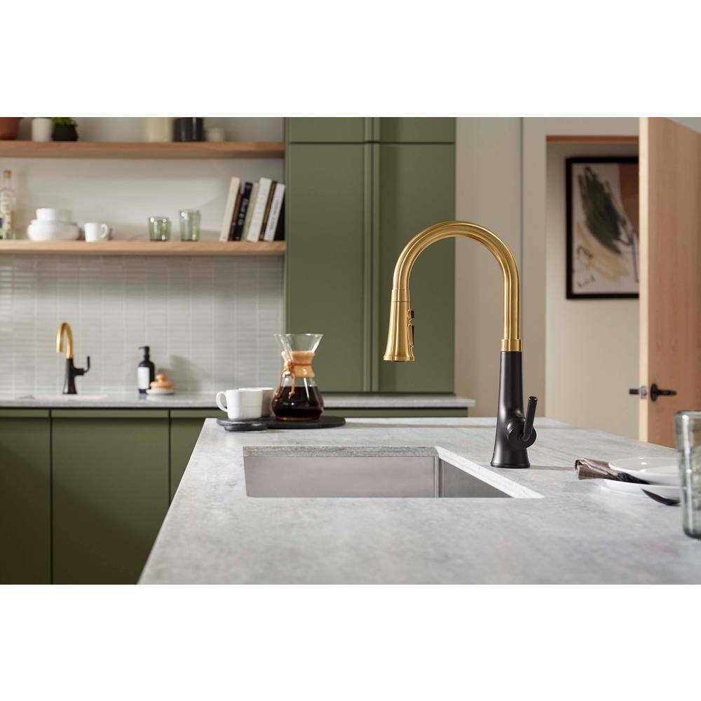 Matte Black and Brass Pull Down Kitchen Faucet with Spray