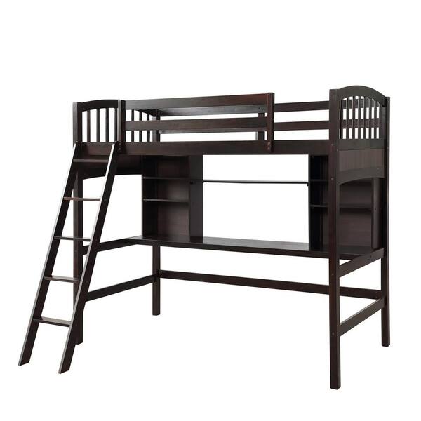 GHOUSE Espresso Twin size Loft Bed with Desk and Storage Shelves ...