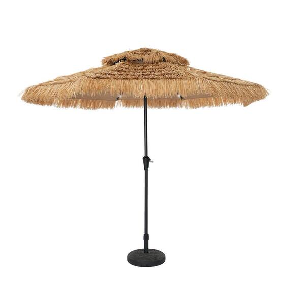 Mondawe 9 ft. Thatched Tiki Beach Umbrella 2-Tier Patio Umbrella with LED Light and Round Umbrella Base in Natural Color