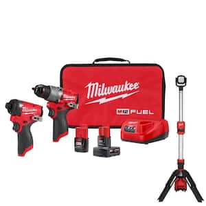 M12 FUEL 12-Volt Lithium-Ion Brushless Cordless Hammer Drill, Impact Driver, Stand Light Combo Kit w/2 Batteries & Bag